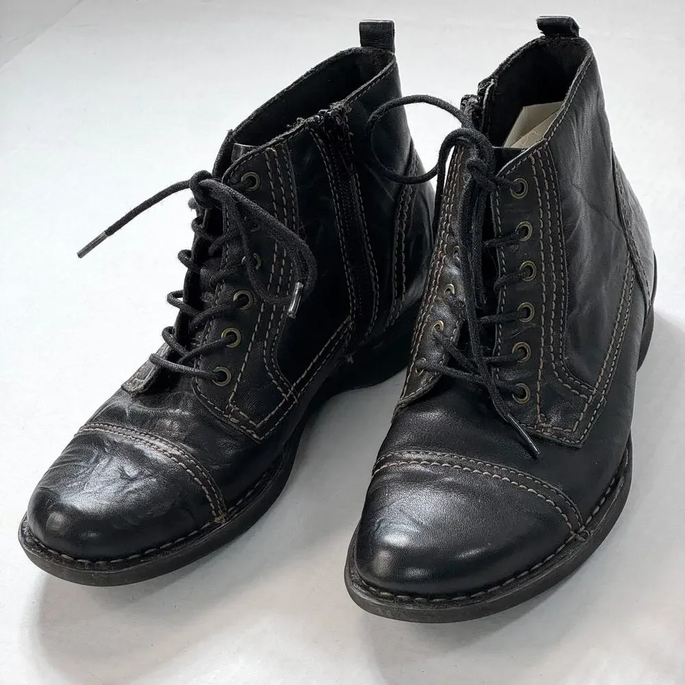 Clarks Leather Ankle Boots Lace Up Side Zip Wedge W6 Black